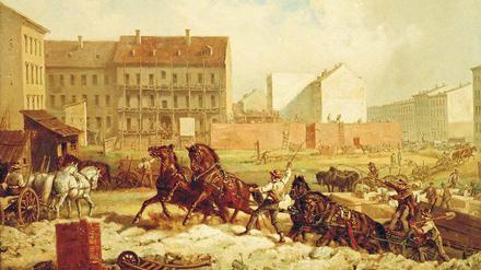 Baustelle Berlin. Das Gemälde von Friedrich Kaiser zeigt Bauarbeiten an der Grenadierstraße (heute Almstadtstraße) im Scheunenviertel um 1875. 
