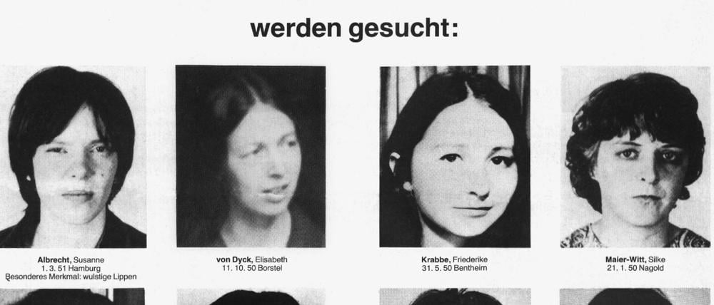 Fahndungsaufruf aus den 1970er Jahren mit Foto von Silke Maier-Witt (oben rechts)