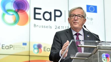 Jean-Claude Juncker, Präsident der Europäischen Kommission, bei einer Pressekonferenz nach dem Gipfeltreffen der EU-Staats- und Regierungschefs mit Vertretern der östlichen Partner. 