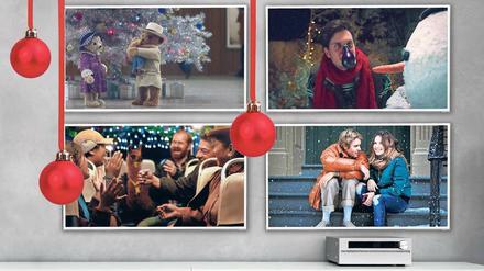 In der diesjährigen Weihnachtswerbung lässt der Flughafen Heathrow zwei Stoffbären verreisen (von oben links im Uhrzeigersinn). Tedi fragt, warum der Schneemann nie eine Aubergine als Nase hat, die Telekom flirtet mit Justin Bieber und Otto feiert Weihnachten in einem Bus in Bolivien.