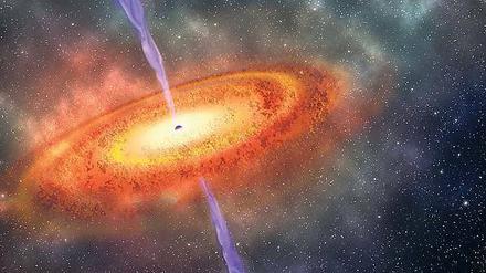 Hell. Schluckt ein Schwarzes Loch Sternenreste, entsteht Energie und damit Licht – ein Quasar entsteht. Grafik: R. Dienel/Carnegie Inst.