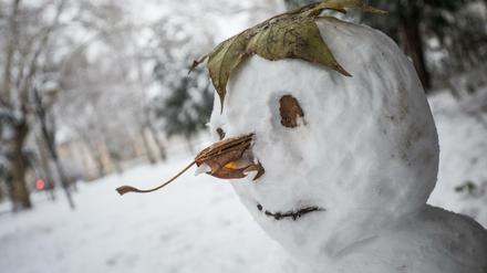 Ein Schneemann mit Gesichtszügen aus Herbstblättern steht am 10.12.2017 in Frankfurt am Main (Hessen) im Anlagenring in der winterlich verschneiten Stadt.