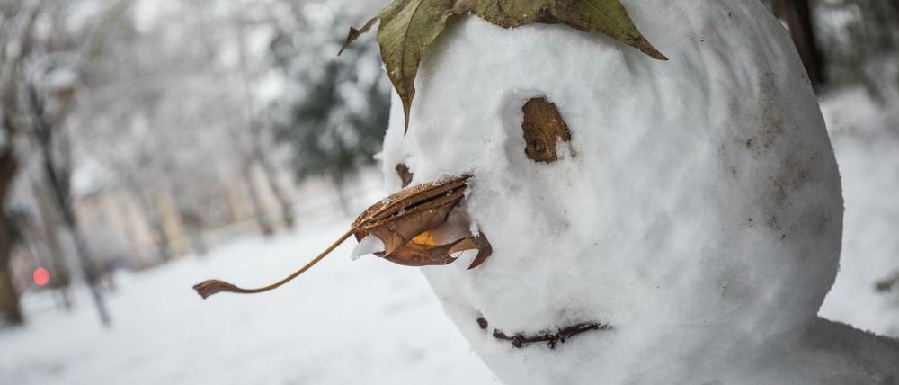 Ein Schneemann mit Gesichtszügen aus Herbstblättern steht am 10.12.2017 in Frankfurt am Main (Hessen) im Anlagenring in der winterlich verschneiten Stadt.