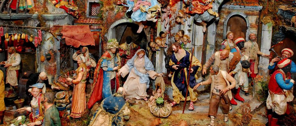 Wimmelbild Krippenspiel: Wo ist das Jesuskind und wie viele Engel gibt es? Ausschnitt einer Krippe in der italienischen Botschaft 2009.