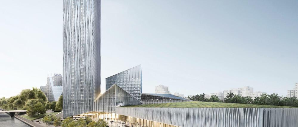 Der Turm hat einen trapezförmigen Grundriss und erreicht eine Höhe von 176 Metern. Im Flachbau mit begrüntem Dach sollen Kongresse stattfinden.