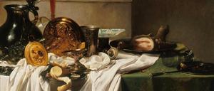 Stilleben mit Zinnkanne und Stangenglas in einer Mauernische von Jan Jansz. van Uyl d. Ä., zu sehen in der Berliner Gemäldegalerie.