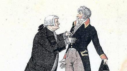 August Wilhelm Iffland als Fegesack und Franz Labes als Pfeil in Molières „Der Geizige“, nach einer Aufführung in Berlin um 1810. Iffland setzte sich leidenschaftlich für sein Ensemble ein – und stand selber zweimal pro Woche auf der Bühne.