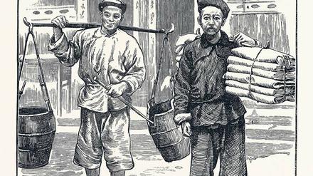 Katastrophale Arbeitsbedingungen. Die chinesische Regierung setzte eine Kommission ein, um die hohe Todesrate chinesischer Arbeiter auf dem spanischen Kuba aufzuklären. Der Stich aus dem Jahr 1872 zeigt Kulis, in welcher Umgebung ist nicht bekannt. 
