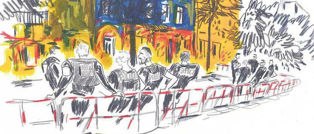 Voller Einsatz. Sebastian Lörscher hat die Auseinandersetzungen um die Rigaer Straße zeichnerisch festgehalten.