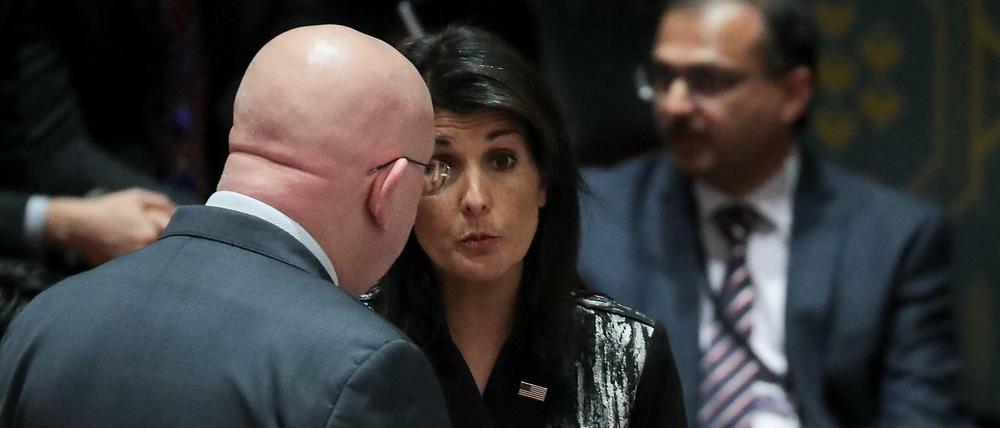 Russlands UN-Botschafter Wassili Nebensja und seine US-amerikanische Kollegin Nikki Haley.