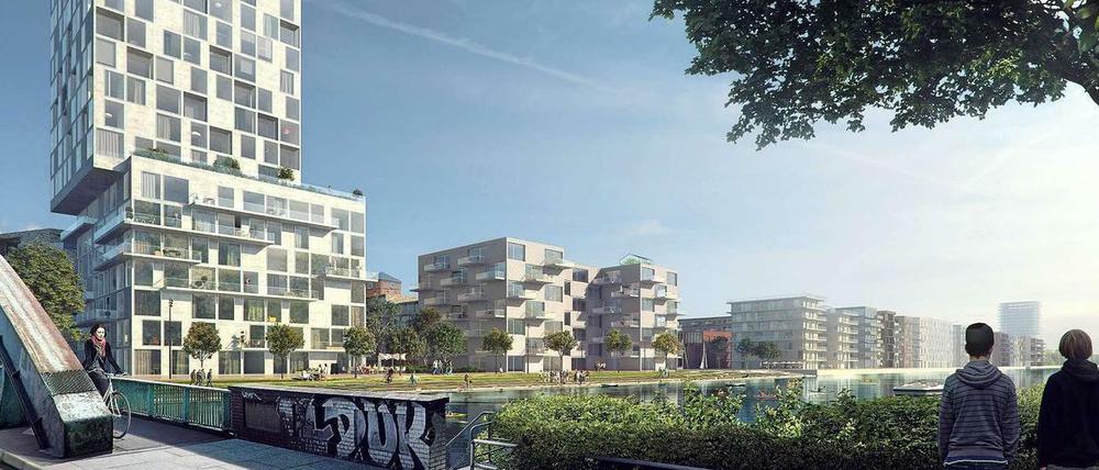 Neubauviertel Gartenfeld: So könnte der Blick von der Gartenfelder Brücke auf das neue Quartier aussehen.