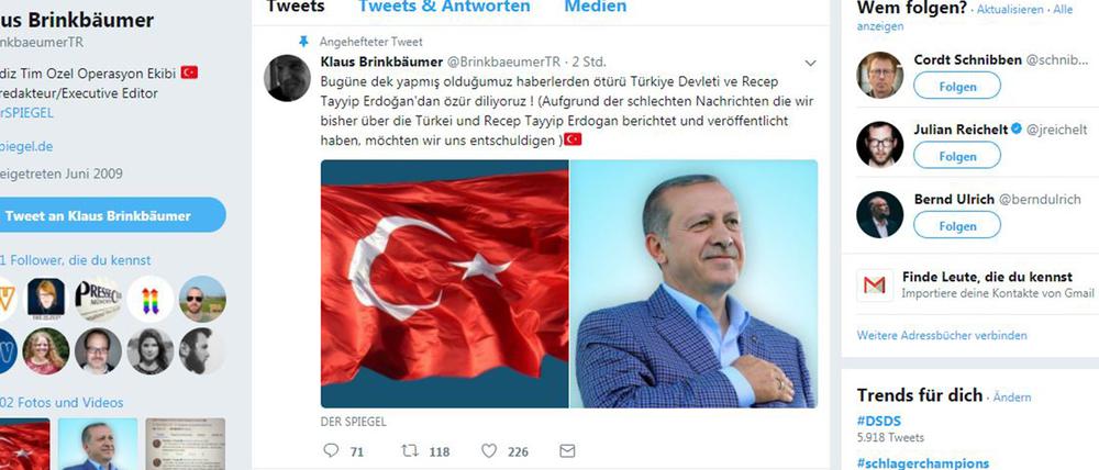 Der Screenshot vom 14.01.2018 zeigt den gehackten Twitteraccount von Spiegel-Chefredakteur Klaus Brinkbäumer. 