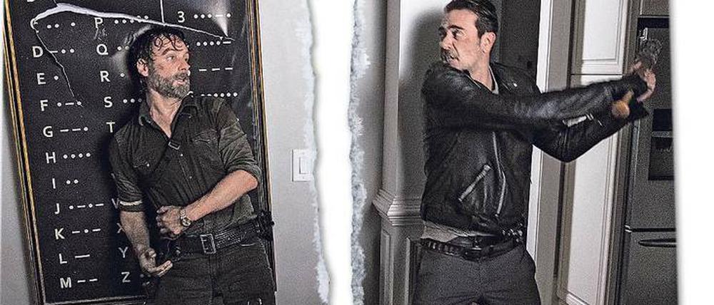 Filmriss. Wie war das noch bei „The Walking Dead“? Wer gewinnt: Rick (l.) oder Negan? Anfang Dezember stoppte die weltweit erfolgreiche Zombie-Serie mitten in der achten Staffel. Weiter geht es erst wieder ab 26. 2. auf Sky (immer montags um 21 Uhr auf Fox abrufbar über Sky sowie im Anschluss an die lineare Ausstrahlung auch über Sky Go, Sky On Demand und Sky Ticket).