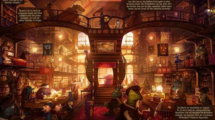 Wimmelbild: Eine Doppelseite aus „Die Stadt der träumenden Bücher“.