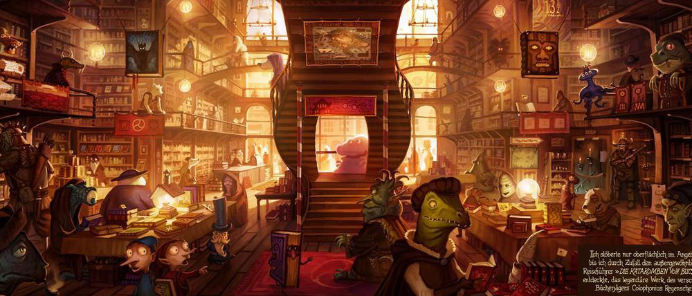 Wimmelbild: Eine Doppelseite aus „Die Stadt der träumenden Bücher“.