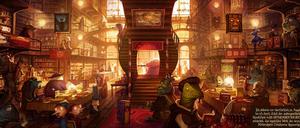 Wimmelbild: Eine Doppelseite aus „Die Stadt der träumenden Bücher“.