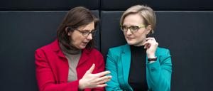 Katrin Göring-Eckardt (l), Vorsitzende der Bundestagsfraktion von Bündnis 90/Die Grünen, und ihre Kollegin Franziska Brantner nterhalten sich am 16.01.2018 zu Beginn der Fraktionssitzung der Partei im Deutschen Bundestag in Berlin.