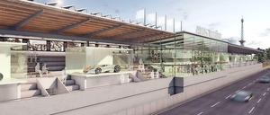 Zum Konzept gehören Veranstaltungsflächen sowie Glasboxen, in denen zum Beispiel Autos präsentiert werden können.