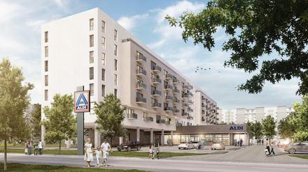 Der neue Aldi-Markt plus Wohnungen in der Lichtenberger Sewanstraße könnte so aussehen.