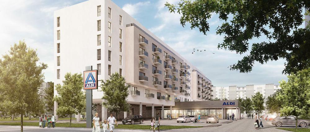 Der neue Aldi-Markt plus Wohnungen in der Lichtenberger Sewanstraße könnte so aussehen.