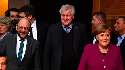 Martin Schulz, Horst Seehofer und Angela Merkel in der SPD-Zentrale in Berlin.