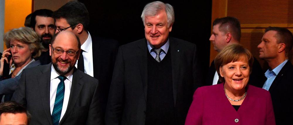 Martin Schulz, Horst Seehofer und Angela Merkel in der SPD-Zentrale in Berlin.