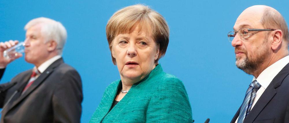 Sehen sich bald öfters: Horst Seehofer, Angela Merkel, Martin Schulz.