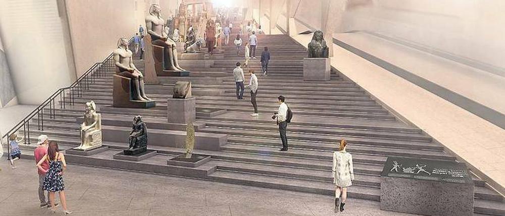 Im Eingangsbereich des Grand Egyptian Museum sollen die Dynastien des Alten Ägyptens dargestellt werden – mit rund 90 großen Skulpturen.