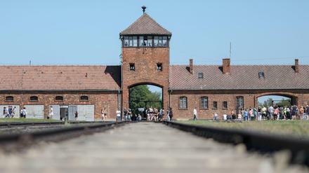 Gleise zum Eingang des früheren deutschen Vernichtungslagers Auschwitz-Birkenau in Polen 