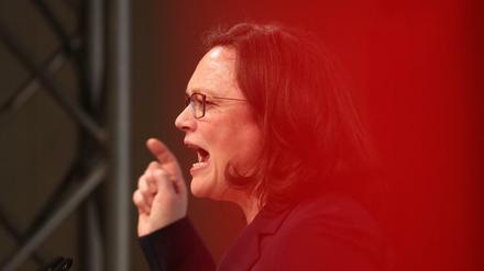 Merkel sei "angezählt", sagte Andrea Nahles bei einer Veranstaltung der SPD zum Aschermittwoch im nordrhein-westphälischen Schwerte.