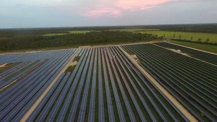 Prärie mit Panels. Rund 300 000 leistungsstarke Solarmodule produzieren Energie für die wachsende Stadt.