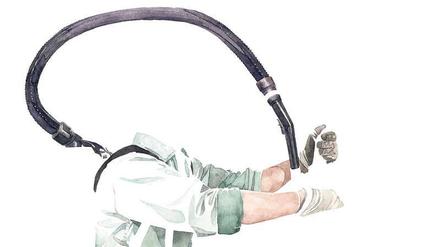 Kopflos. Aquarell „o.T. (the mechanic)“ von Achim Riethmann.