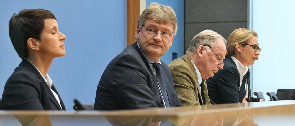 Frauke Petry, hier im August 2017 noch Bundesvorsitzende der AfD, neben Jörg Meuthen, Alexander Gauland und Alice Weidel.