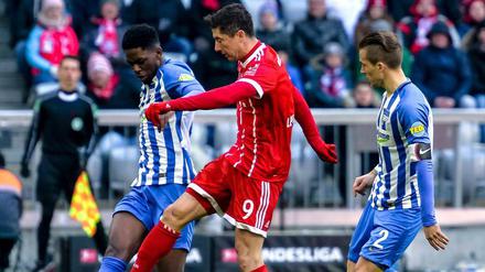 Gekonnt geblockt. Der erst 20 Jahre alte Berliner Innenverteidiger Jordan Torunarigha (links im Bild) ließ Bayerns Weltklassestürmer Robert Lewandowski kaum zur Entfaltung kommen. 