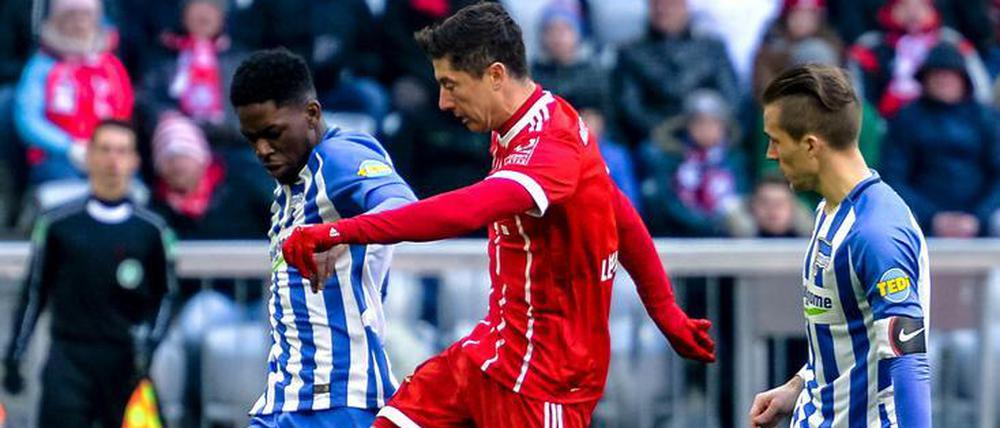 Gekonnt geblockt. Der erst 20 Jahre alte Berliner Innenverteidiger Jordan Torunarigha (links im Bild) ließ Bayerns Weltklassestürmer Robert Lewandowski kaum zur Entfaltung kommen.
