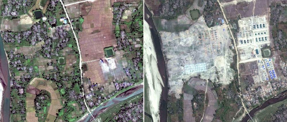 Satellitenbilder des Dorfes Thit Tone Nar Gwa Son, zeigen, dass Rohingya Dörfer von den Behörden ausradiert worden sind. 