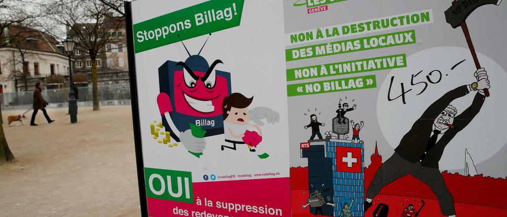 Hart umkämpft. Das linke Poster fordert zur Unterstützung der "No Billag"-Initiative auf, das rechte warnt vor den Folgen