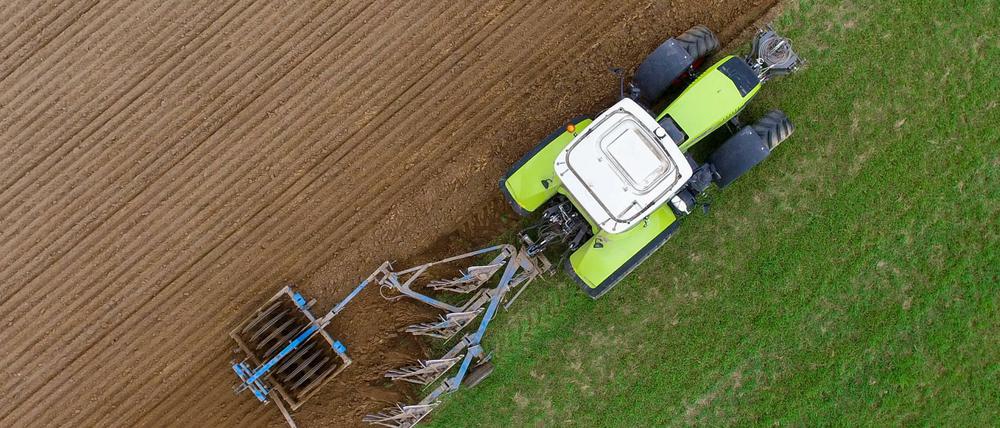 Brandenburg, Alt Zeschdorf: Ein Landwirt pflügt ein Feld.