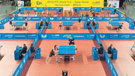 Eine Halle voller Tischtennis. Auch bei den deutschen Meisterschaften geht es an vielen Platten zur Sache.