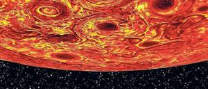 Polarstürme. An den Polen des Jupiters haben die Infrarotsensoren der Raumsonde Juno in der Tiefe der Atmosphäre des Planeten riesige Wirbelstürme gemessen