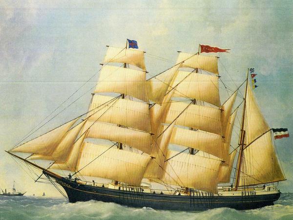 Das Forschungsschiff "Paula" auf einem zeitgenössischen Gemälde. Von diesem Schiff wurde die Flaschenpost ins Meer geworfen.