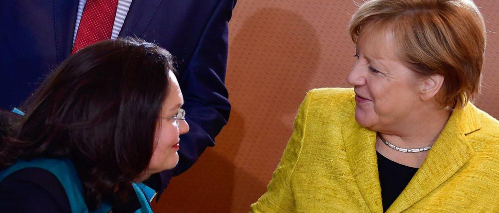 Zwei Volksparteien, bald zwei Frauen an der Spitze? Andrea Nahles (li) und Angela Merkel. 