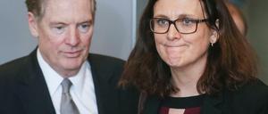 Die EU-Handelskommissarin Cecilia Malmström spricht mit dem US-Handelsbeauftragten Robert Lighthizer.