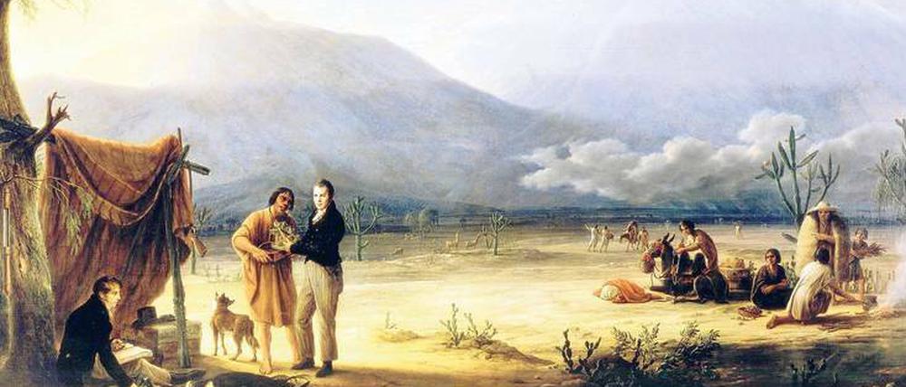 Alexander von Humboldt (Mitte, stehend) und Aimé Bonpland (links) in den Anden, 1810.