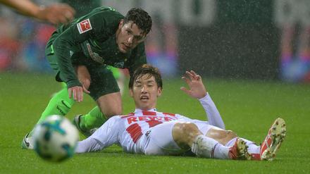Ja, wo rollen sie denn? Bremens Zlatko Junuzovic (l.) und Kölns Yuya Osako schauen dem Ball nach.