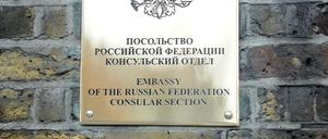 Schild an der russischen Botschaft in Kensington, London. 