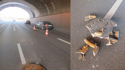 Dieser defekte Gullydeckel führte am Montagvormittag zum Stauchaos auf der A100.