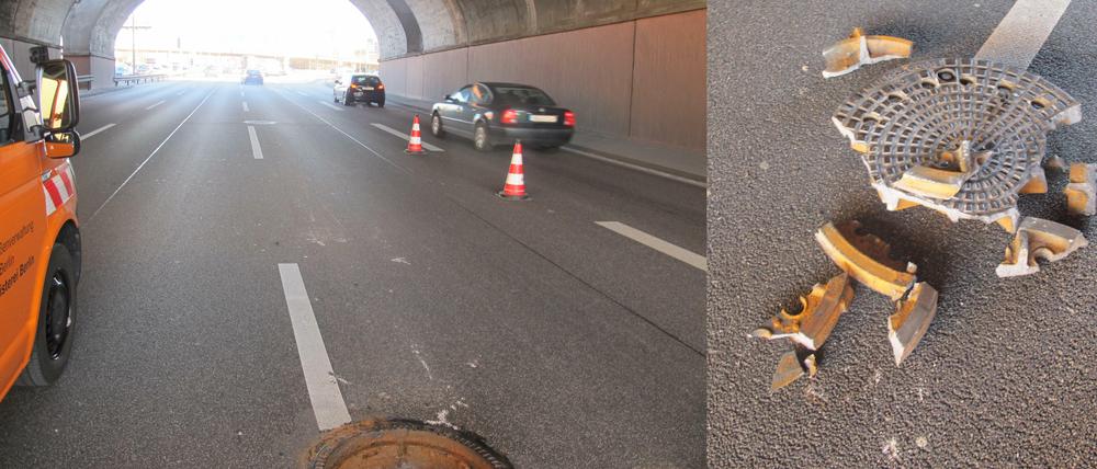 Dieser defekte Gullydeckel führte am Montagvormittag zum Stauchaos auf der A100.