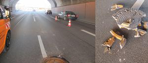 Dieser defekte Gullydeckel führte am Montagvormittag zum Stauchaos auf der A100.