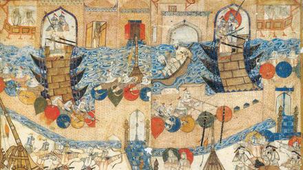 Harte Zeiten. Eroberung Bagdads durch die Mongolen, 1258. Doppelseitige Illustration aus der persischen Handschrift des Raschid-ad-Din, „Gami’ at-tawarih“, Täbris (?), 14. Jh., bewahrt in der Orientabteilung der Staatsbibliothek Berlin. 